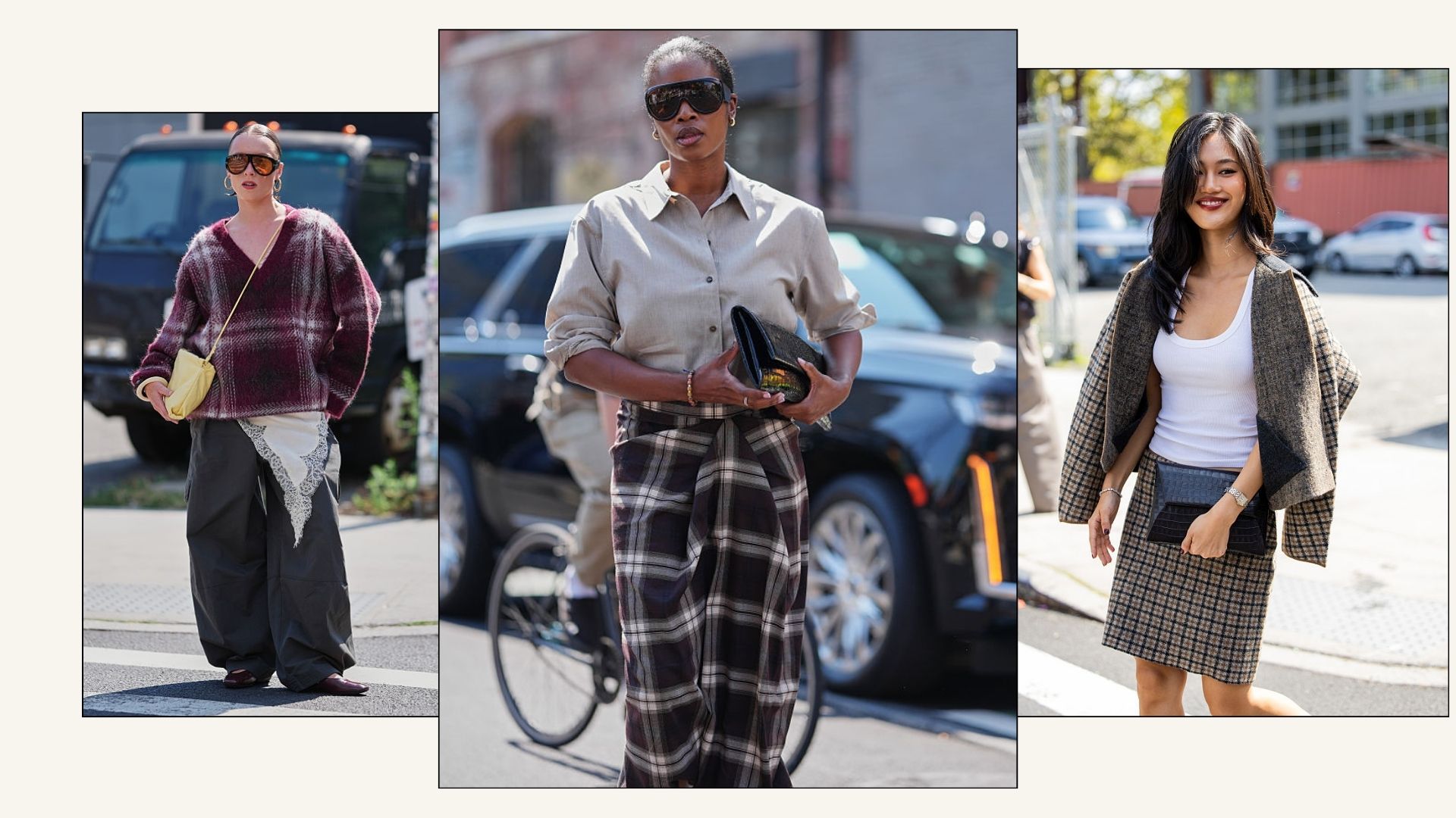 Attendees at New York Fashion Week wearing checked knitwear, checked skirts, checked jackets and checked skirts.
