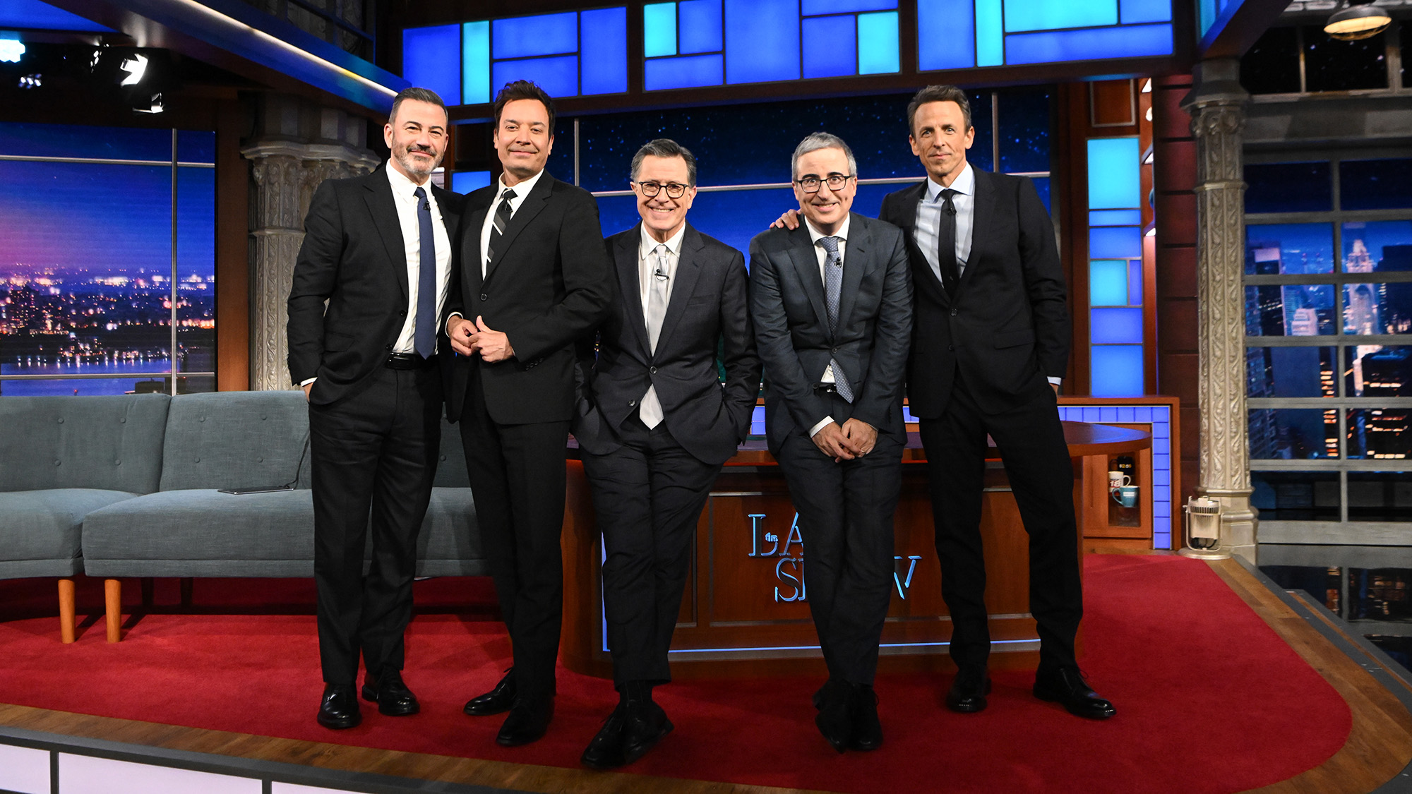Jimmy Kimmel, Jimmy Fallon, Stephen Colbert, John Oliver and Seth Meyers during a final Late Show episode. 