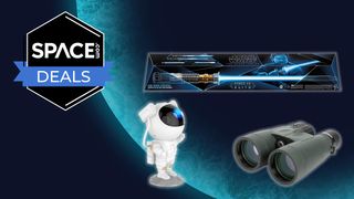An astronaut projector, a pair of dark green binoculars and a lightsaber in a box are in a triangle formation on a blue planet background with the space.com logo in the top left corner.