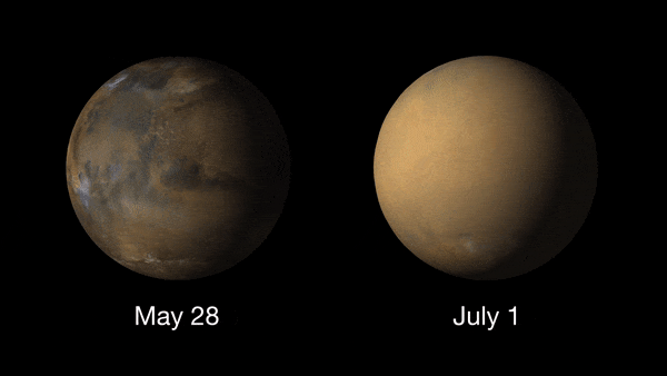 The effects of a dust storm that blanketed Mars in 2018. The images were captured by NASA's Mars Reconnaissance Orbiter (MRO) and show the large dust storm that enveloped Mars, causing NASA's Opportunity rover to lose contact with Earth.