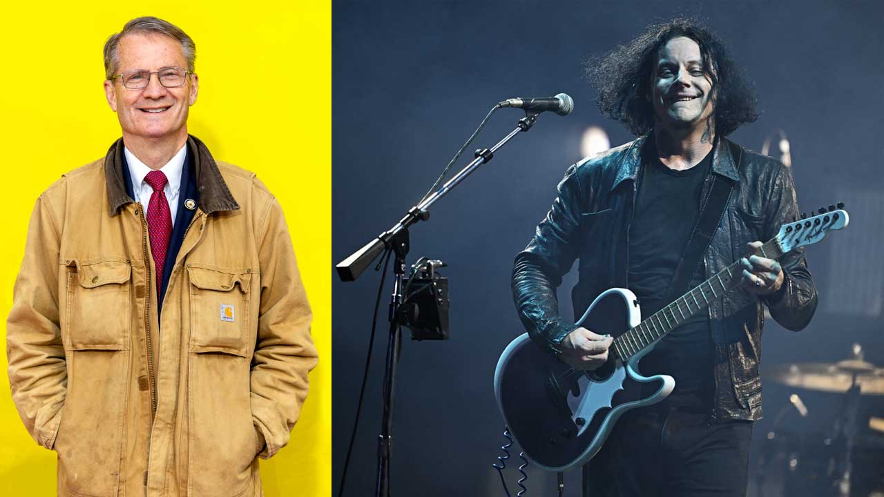 Tum Burchett and the red carpet and Jack White onstage (composite image)