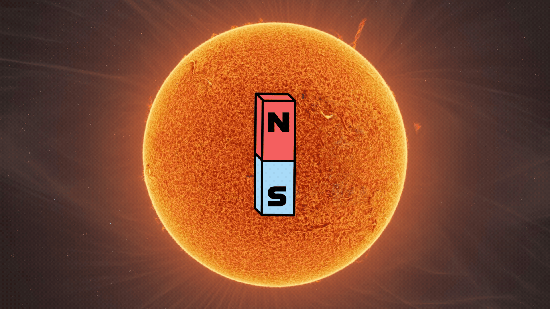 Image of the sun with a bar magnet graphic rotating in front of it 