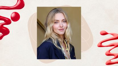 Image of Amanda Seyfried smiling at the camera with curly blonde hair and wearing a navy blazer, on a neutral background with red nail polish swatches and beige circle graphics