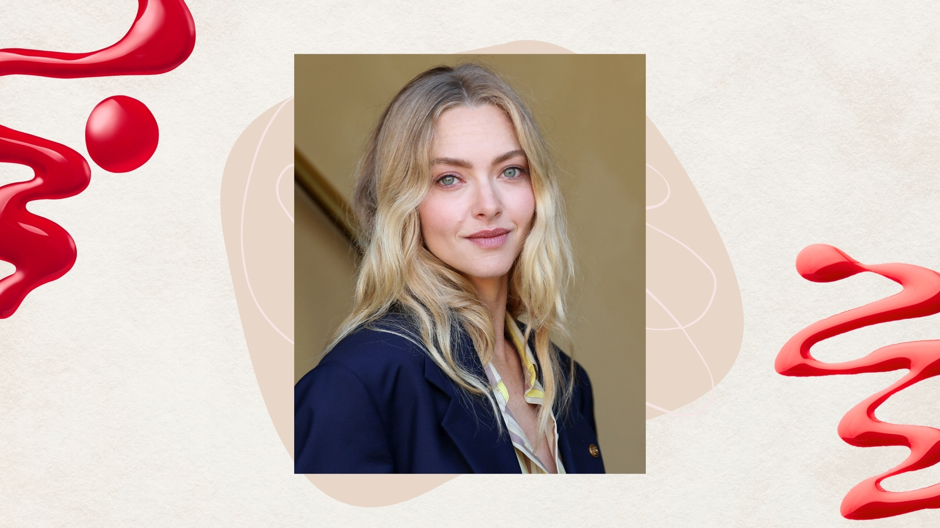 Image of Amanda Seyfried smiling at the camera with curly blonde hair and wearing a navy blazer, on a neutral background with red nail polish swatches and beige circle graphics