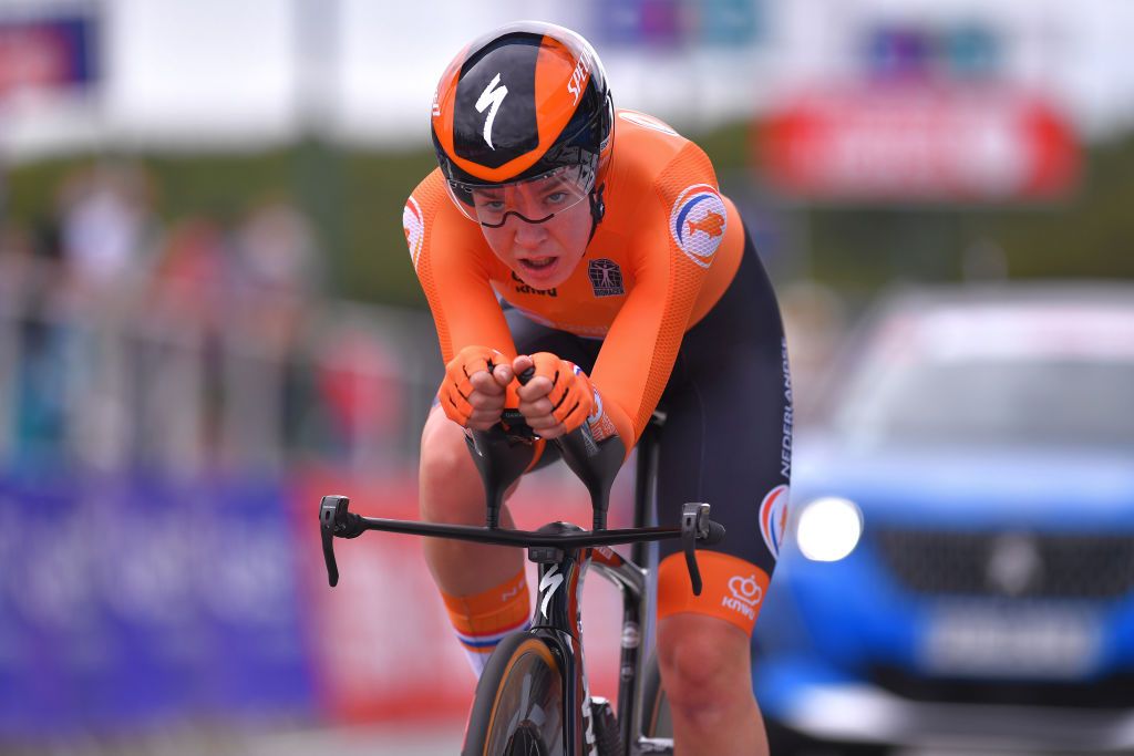 PLOUAY FRANCE AUGUST 24 Arrival Anna Van Der Breggen of Netherlands during the 26th UEC Road European Championships 2020 Womens Elite Individual Time Trial a 256km race from Plouay to Plouay ITT UECcycling EuroRoad20 on August 24 2020 in Plouay France Photo by Luc ClaessenGetty Images