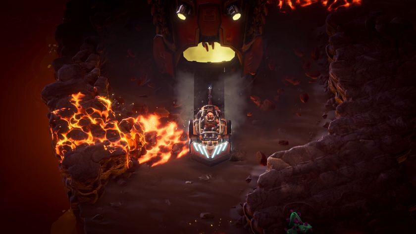 The Demolisher rolls out into the battlefield on his Rock Dozer in Deep Rock Galactic: Survivor.