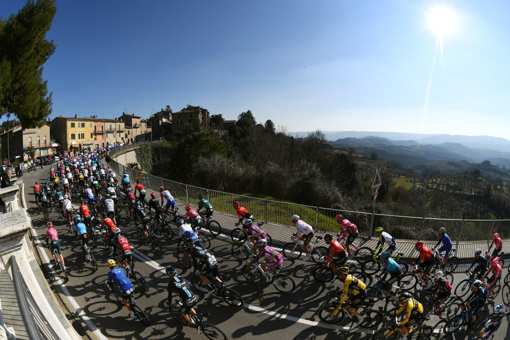 TERNI ITALY MARCH 09 A general view of the peloton passing through Ficulle Village 437m during the 57th TirrenoAdriatico 2022 Stage 3 a 170km stage from Murlo to Terni TirrenoAdriatico WorldTour on March 09 2022 in Terni Italy Photo by Tim de WaeleGetty Images