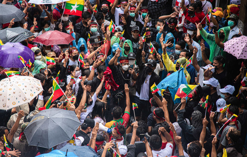 Protesters demonstrate outside Myanmar embassy in Bangkok