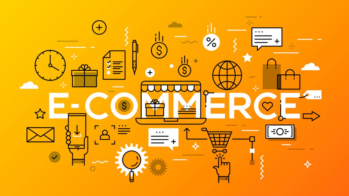 &amp;#039;E-commerce&amp;#039; surrounded by symbols like shopping cart, clock, envelope on an orange background 