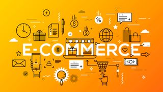 'E-commerce' surrounded by symbols like shopping cart, clock, envelope on an orange background 