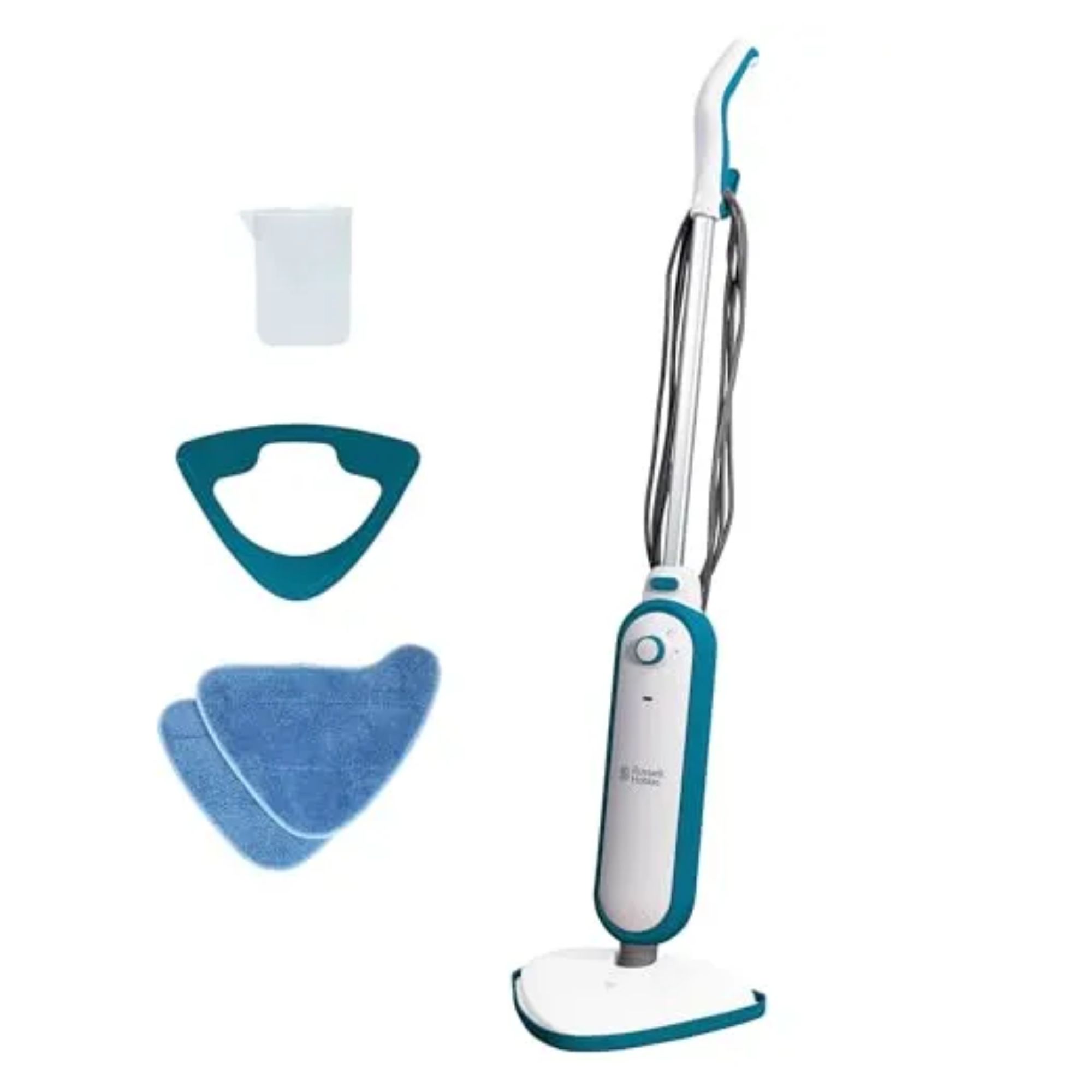 Russel Hobbs Upright Steam Cleaner and Mop on a white background with accessories to the side