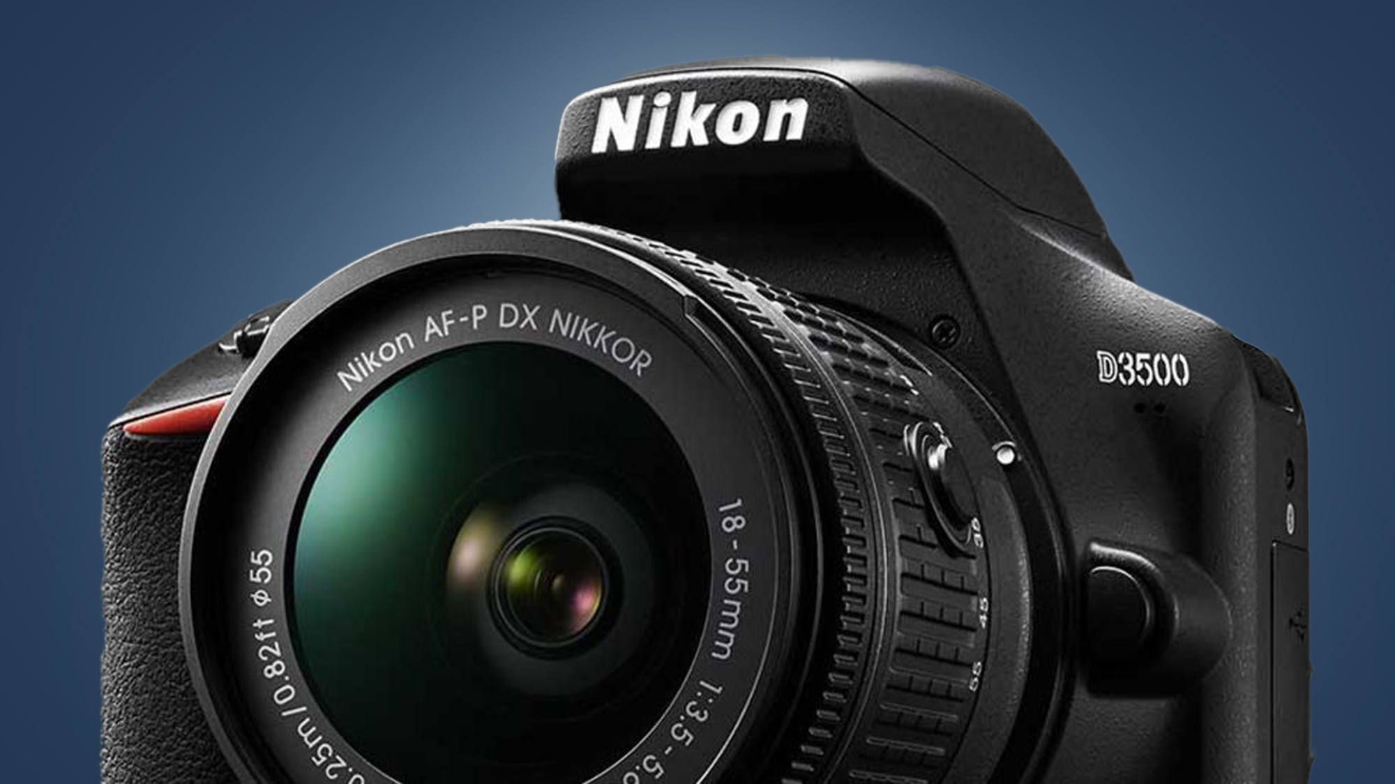 The Nikon D3500 DSLR on a blue background