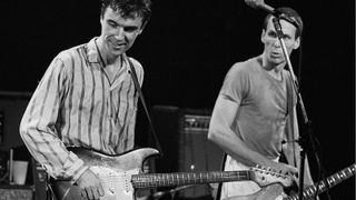 David Byrne (left) and Adrian Belew performing with Talking Heads in 1980