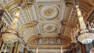 A view of the ceiling and chandeliers of the Blue Drawing Room at Buckingham Palace