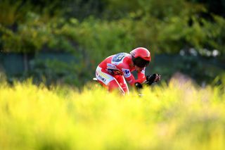 SANTIAGO DE COMPOSTELA SPAIN SEPTEMBER 05 Primoz Roglic of Slovenia and Team Jumbo Visma red leader jersey sprints during the 76th Tour of Spain 2021 Stage 21 a 338 km Individual Time Trial stage from Padrn to Santiago de Compostela lavuelta LaVuelta21 ITT on September 05 2021 in Santiago de Compostela Spain Photo by Tim de WaeleGetty Images