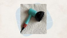 Image of teal and orange Dyson Supersonic Nural hair dryer on a beige background with blue detail and cream swirl