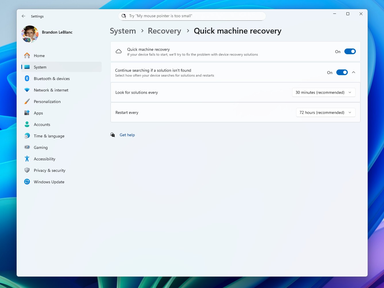 Quick machine recovery settings page in Windows 11 Insider Preview Build 26120.4230 (Beta Channel)