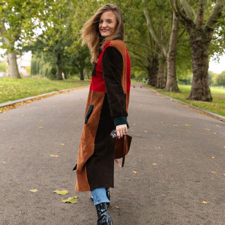 Emma Spedding in suede Rixo fall coat.