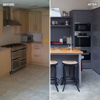 kitchen makeover with grey plain units and concrete flooring
