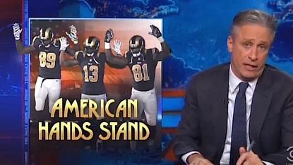 Jon Stewart mocks the St. Louis police union's response to the Rams' hands-up gesture