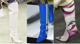 long white boot next to electric blue boot and patterned boot