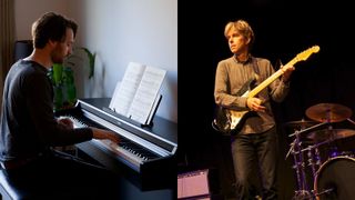 Eric Johnson on stage and a piano player at a piano