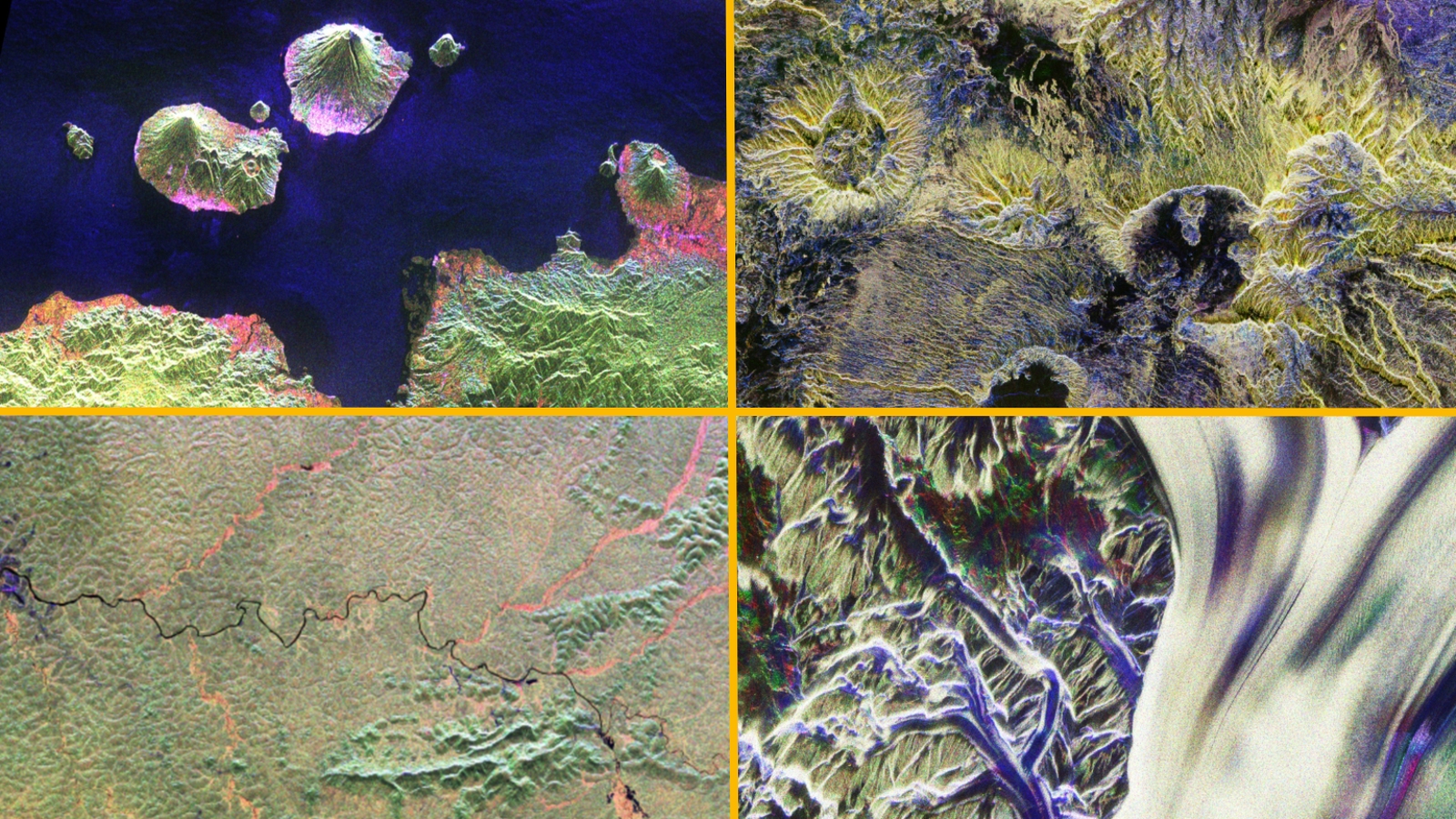False-color satellite images of Earth taken by ESA's Biomass satellite