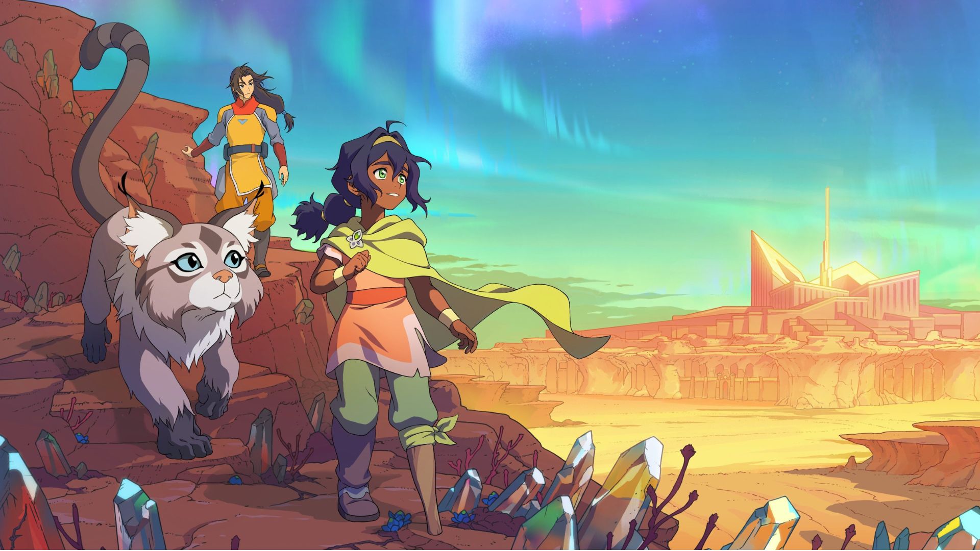 A young Earthbender walks down a path followed by a giant cat and a mythical man