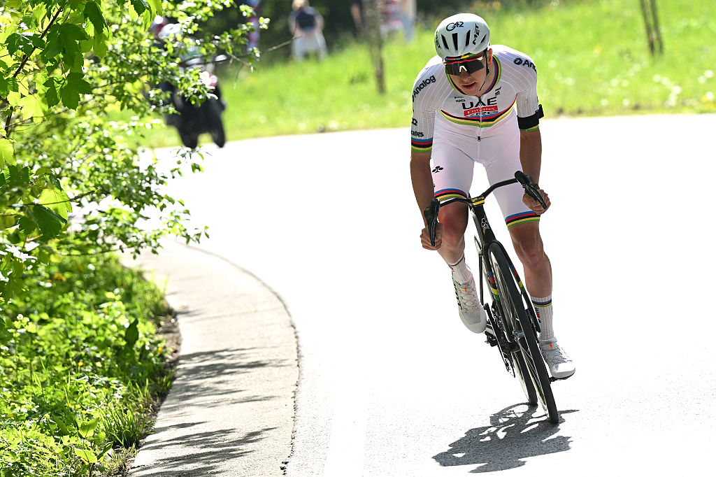 Tadej Pogacar of Slovenia and UAE Team Emirates - XRG attacks alone during Liege - Bastogne - Liege 2026
