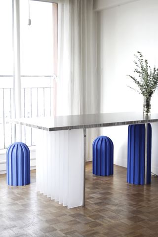 Table and blue stools