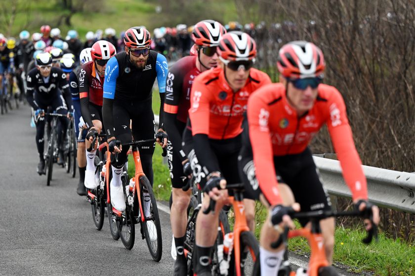 Ineos Grenadiers leading the peloton with race leader Filippo Ganna in the wheels on stage three of the 2025 Tirreno-Adriatico