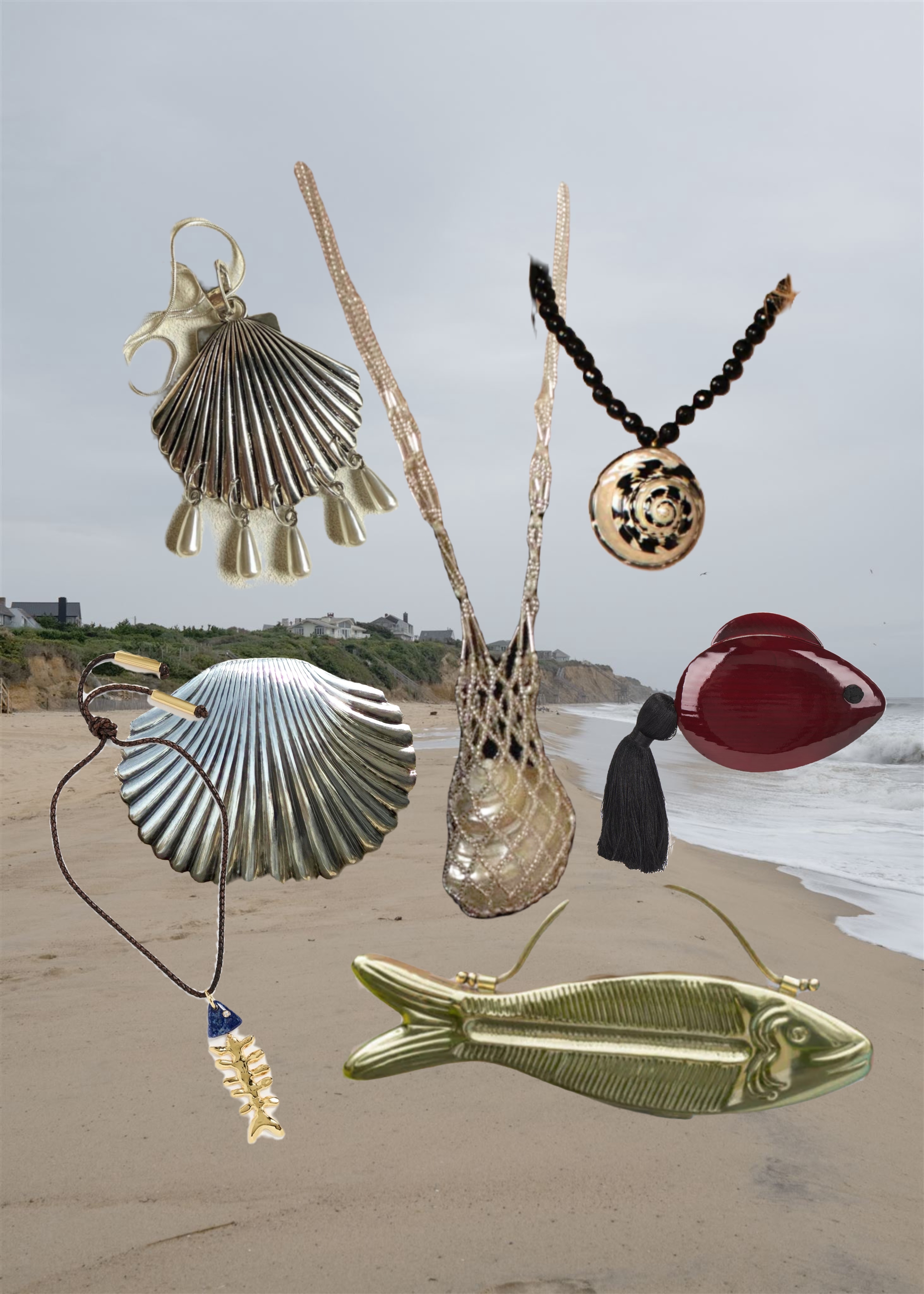 a collection of summer jewelry in front of a beach