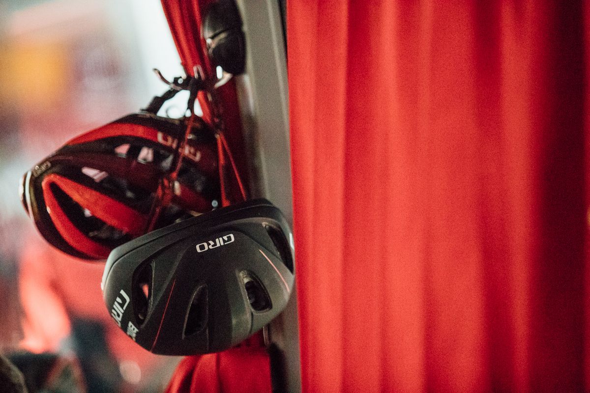 Giro helmets hanging up in BMC team bus.