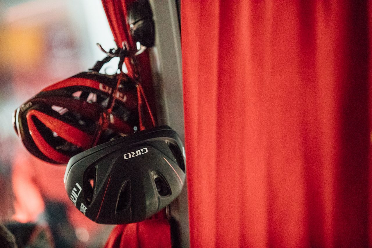 Giro helmets hanging up in BMC team bus.