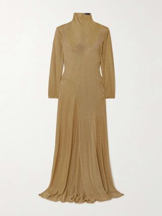 Paneled Metallic Jersey Turtleneck Gown