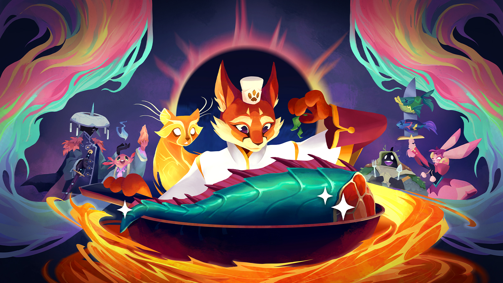 Beastro, a cartoon fox cooks a fish