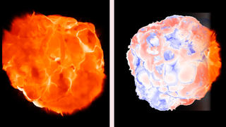 On the left, a red bubbly-looking orb is depicted. On the right is a similar orb with blueish regions.