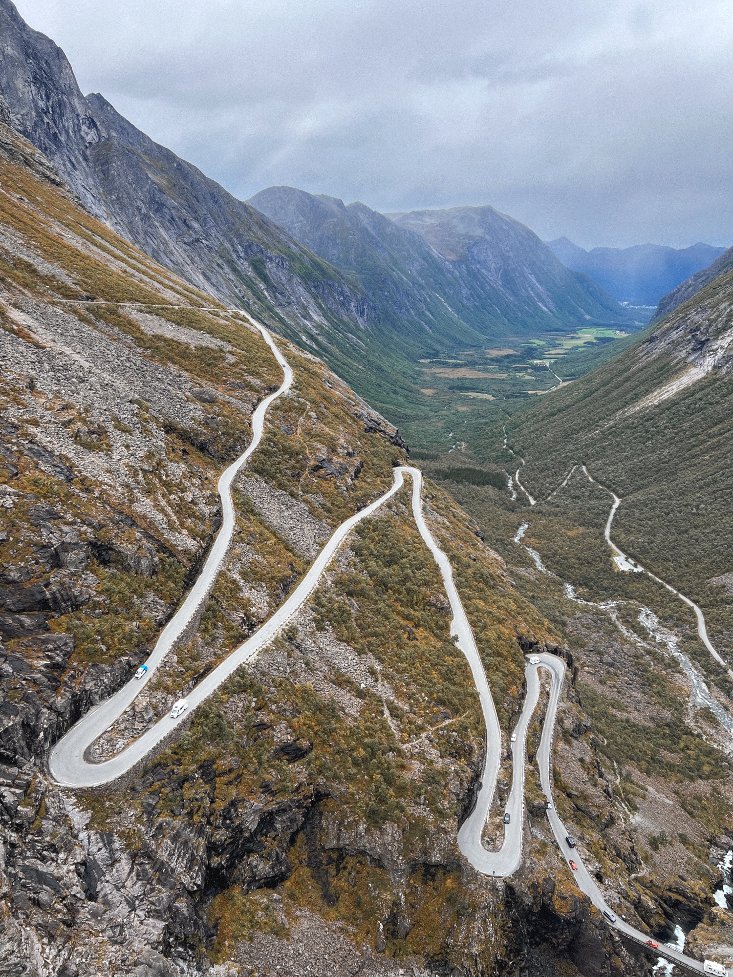 A long and hairpinny road up a valley, like the italian job