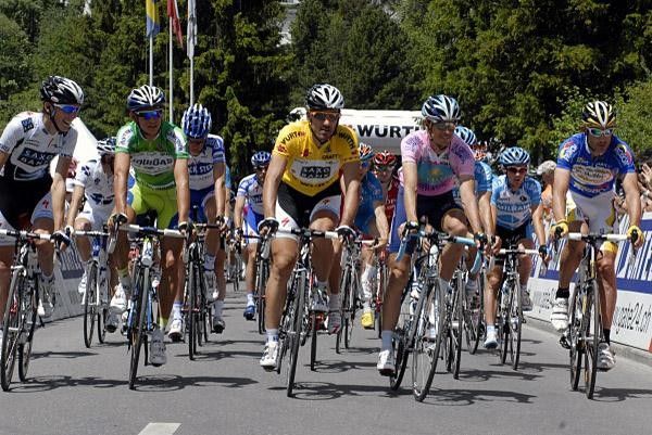The jersey holders are at the front of the peloton for the start of stage two.