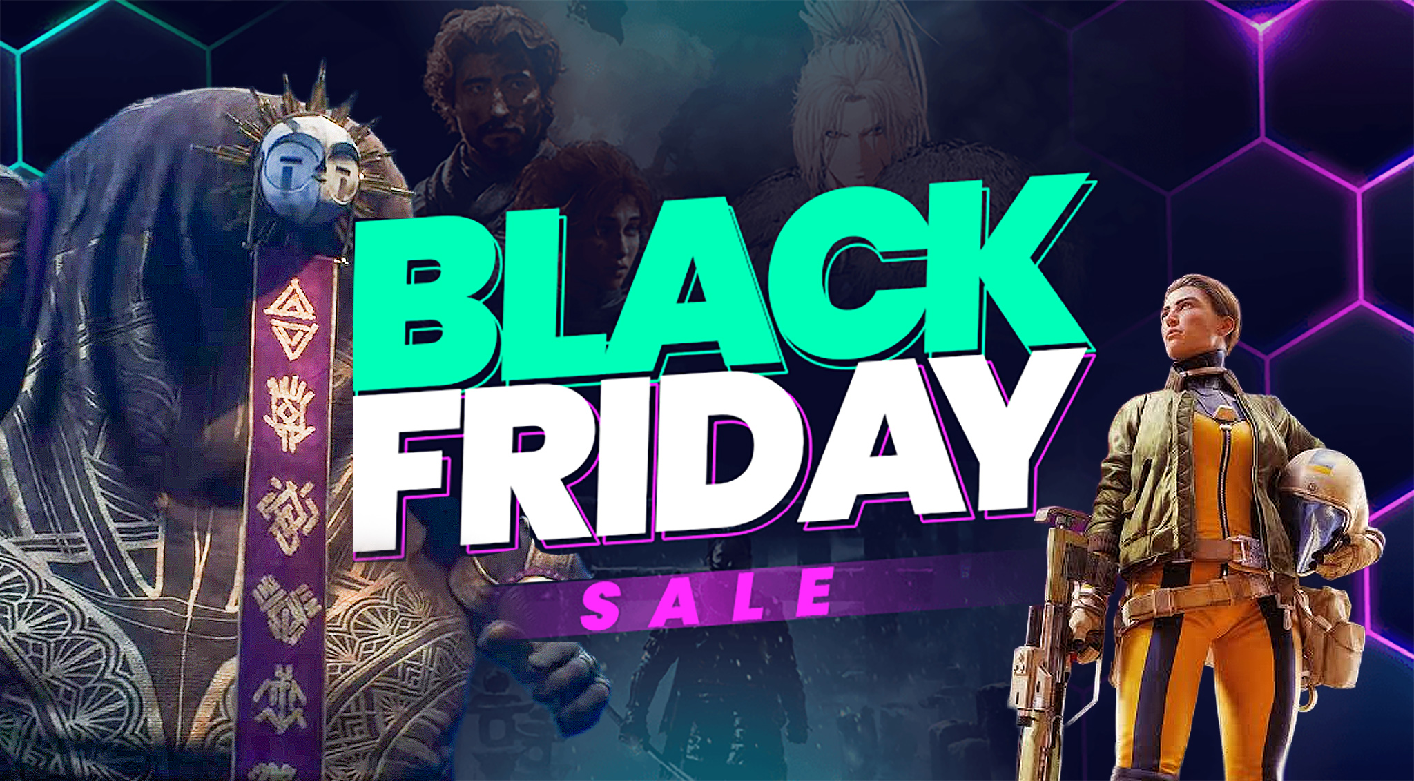 Loaded Black Friday PC game sale text with Esquie from Clair Obscur: Expedition 33 and a character from ARC Raiders. 