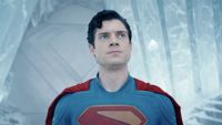 Superman looking annoyed at Krypto's destruction 