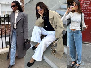 collage of fashion influencers Marilyn Nwawulor-Kazemaks, Debora Rosa, and Victoria Montanari wearing chic outfits with jeans, flats, coats, and more