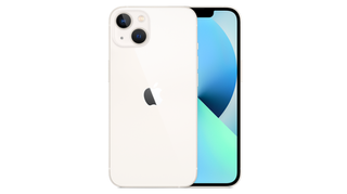 En vit iPhone 13 visas upp både fram- och bakifrån mot en vit bakgrund.