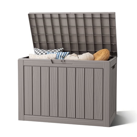 Nihsuao 45-Gallon Outdoor Deck Box, Resin Wood-Grain Storage Box With Seat, Waterproof and Uv Resistant for Garden Tools, Supplies, Toys, Gray