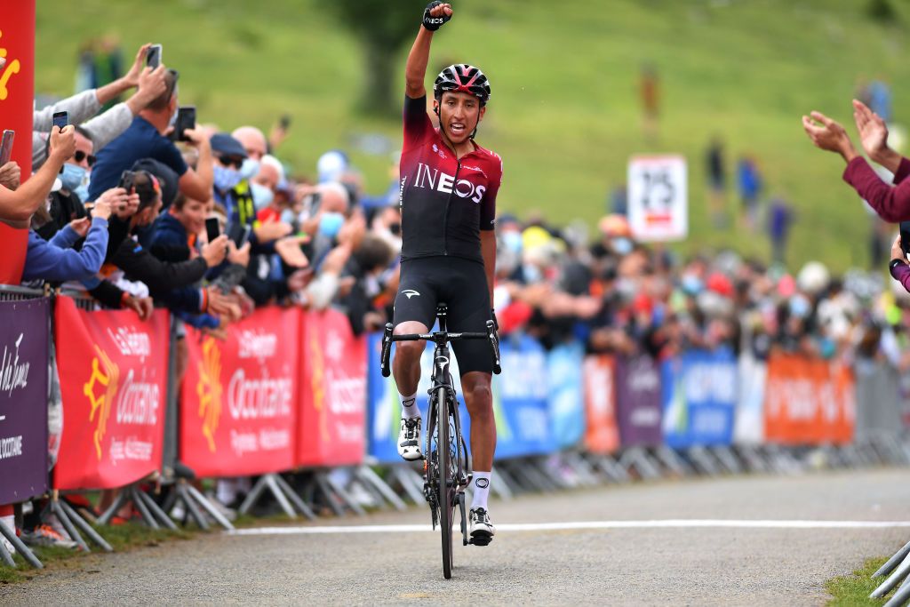 SARRANCOLIN FRANCE AUGUST 03 Arrival Egan Bernal of Colombia and Team Ineos Celebration during the 44th La Route dOccitanie La Depeche du Midi 2020 Stage 3 a 1635km stage from Saint Gaudens to Col de Beyrde 1417m RouteOccitanie RDO2020 on August 03 2020 in Sarrancolin France Photo by Justin SetterfieldGetty Images