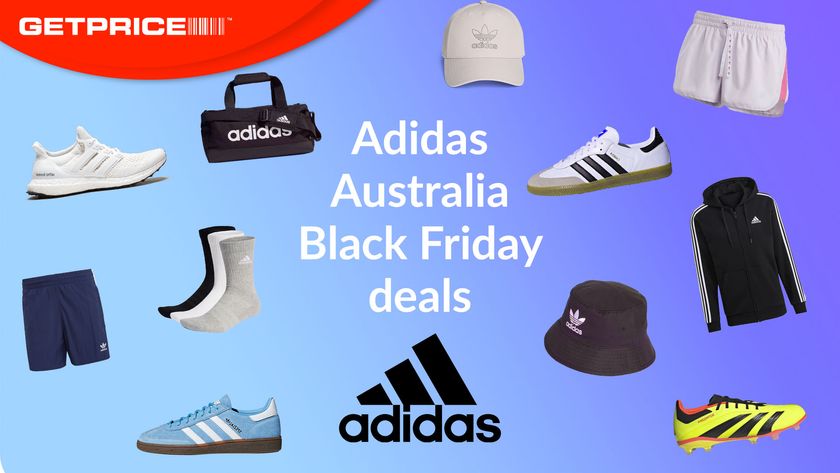 Blue background with red GetPrice logo on top left corner with white writing that says Adidas Australia Black Friday deals with scattered images of Adidas products including shoes, clothing and accessories