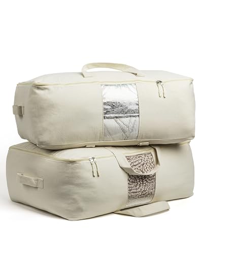 Soft Canvas Storage Bags With Zipper. Thick Breathable, 2pc King/queen Comforter Organizer. Four Carrying Handles and Window. Large 25x19x9in Bag for Sheets Blankets Bedding Pillows, Clothes
