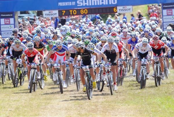 Manuel Fumic at the front at the start of the men's race.