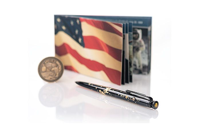 Each of Fisher Space Pen’s new Apollo 11 50th Anniversary Astronaut Pens includes a piece of moon-flown Kapton polyimide tape.