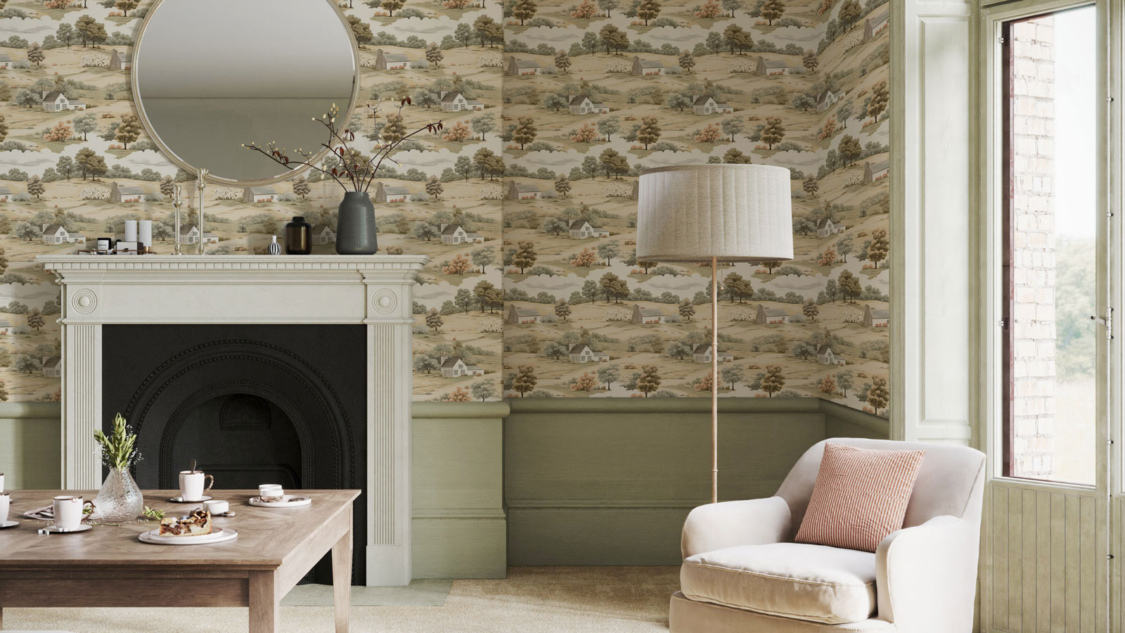 neutral living room with countryside pattern wallpaper and green painted wall panelling